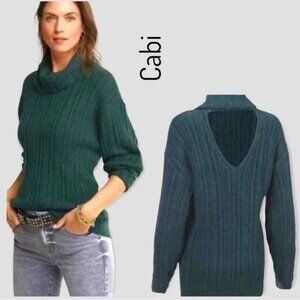 CABI Tryst Turtleneck Chunky Knit Sweater Rear Cutout Shadow Teal Sz M #3885 EUC